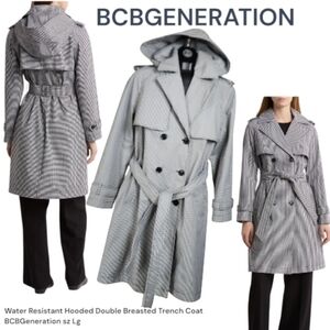 BCBGeneration Women's Removable Hood Double Breasted Trench Coat Lg Checkered